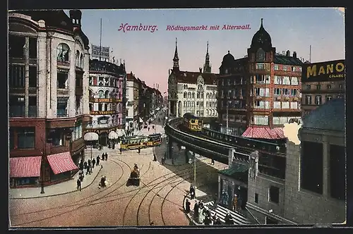AK Hamburg, Zigarrenfabrik am Rödingsmarkt mit Strasse Alterwall und Strassenbahn