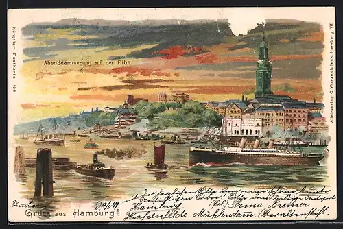 Lithographie Hamburg, Abenddämmerung auf der Elbe