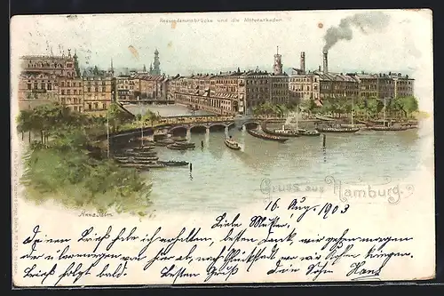 Lithographie Hamburg, Reesendammsbrücke und die Alsterarkaden