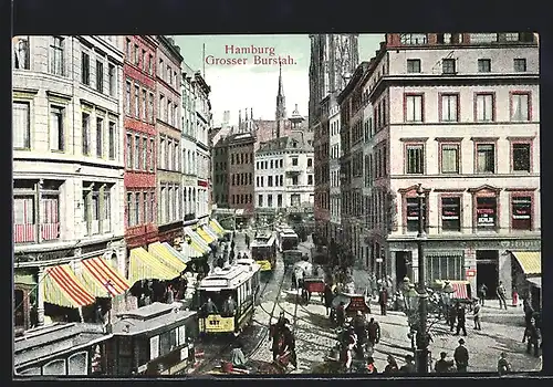 AK Hamburg, Strasse Grosser Burstah mit Geschäften, Strassenbahn