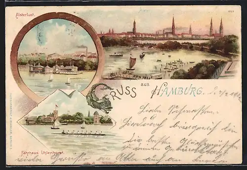 Lithographie Hamburg-St.Georg, Alsterlust, Fährhaus Uhlenhorst und Panorama der Alster mit Booten