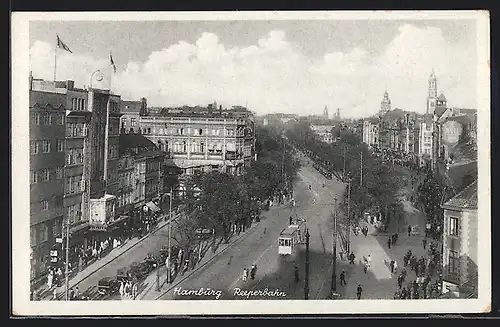 AK Hamburg-St.Pauli, Strassenbahn fährt über die Reeperbahn