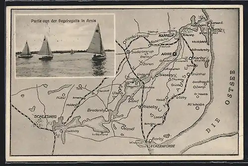 AK Arnis, Partie von der Segelregatta, Landkarte mit Umgebung