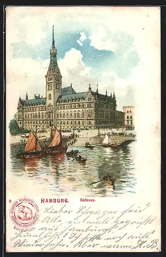 Lithographie Hamburg, Rathaus mit Flusspartie, Segelbooten & Roderbooten