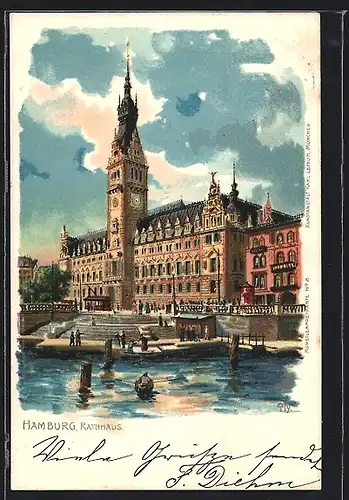 Lithographie Hamburg, Partie am Rathaus