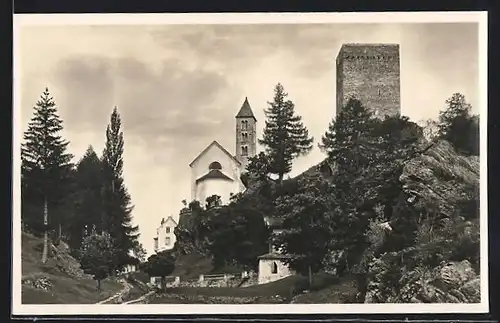 AK Promontogno, Ruine Castelmur u. Kirche
