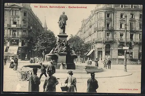 AK Zürich, Escherdenkmal am Bahnhofsplatz