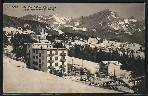 AK Chesières, Hotel Belvedere im Winter aus der Vogelschau