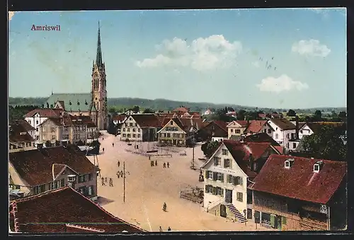 AK Amriswil, Kirche und Geschäfte am Marktplatz