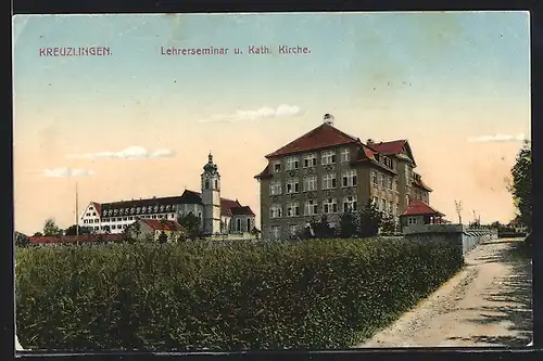 AK Kreuzlingen, Lehrerseminar und Kath. Kirche mit Strasse