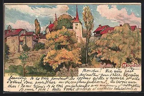 Lithographie Moudon, Ortspanorama mit Kirche