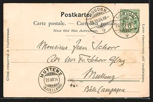 Lithographie Moudon, Ortspanorama mit Kirche