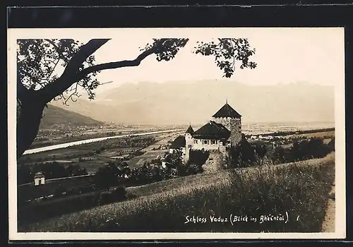 AK Vaduz, Blick übers Schloss Vaduz ins Rheintal