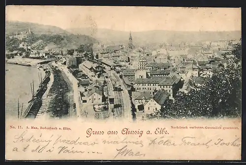 AK Aussig, Ortsansicht mit Elbe und Bahnhof