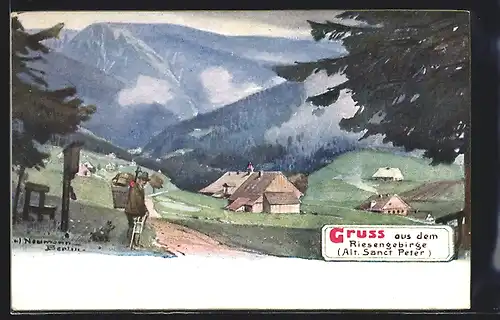 Künstler-AK Alt. Sank Peter, Wanderer mit Hund am Ortseingang