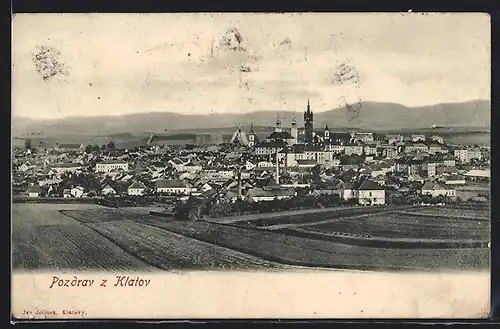 AK Klatovy, Ortsansicht über Felder