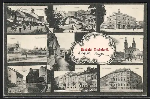 AK Miskolc, Rathaus, Fluss und Kiche