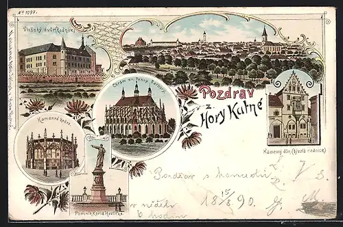 Lithographie Kutna Hora, Vlassky dvur Radnice, Kamenna kasna, Pomnik Karla Havlicka