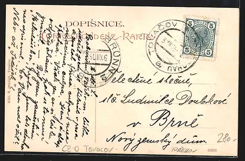 AK Tovacov, Ortsansichten, Kirche, Strassenpartie, Denkmal