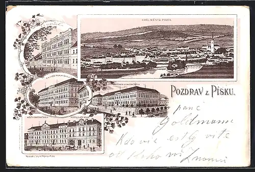 Lithographie Pisek, Celkovy Pohled, Kral. Mesto, C. K. Gymnasium, Hotel Zlate Kolo
