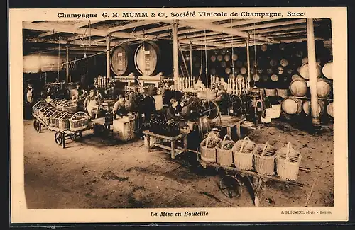 AK Champagne G. H. Mumm & Co., Societe Vinicole de Champagne, Succr., La Mise en Bouteille, Arbeiter füllen Wein ab