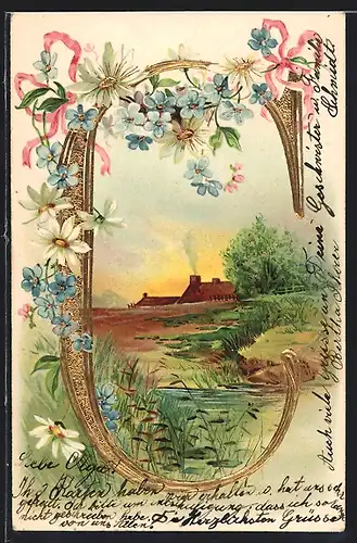 Präge-AK Buchstabe C in grüner Natur während der Dämmerung