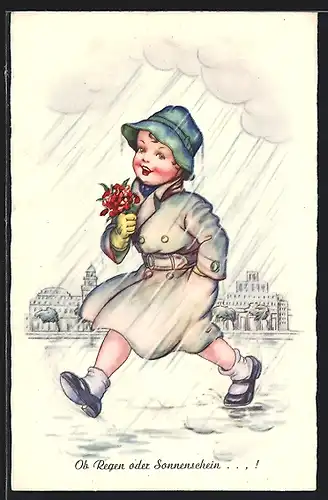 Künstler-AK Ob Regen oder Sonnenschein..., Ein Fräulein läuft glücklich durch den Regen
