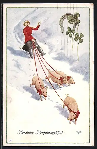 AK Neujahrsgruss, Frau auf Schlitten von Schweinen gezogen