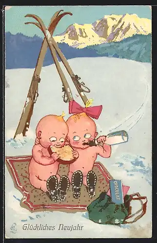 AK Glückliches Neujahr, Lustiges Säuglinge mit Skiern