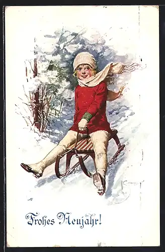 Künstler-AK Junge Frau rodelt auf einem Schlitten den Berg hinab