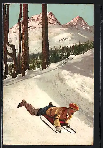 AK Rodler mit Schlitten am Abhang