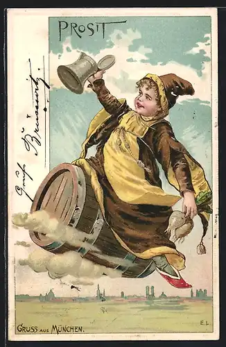 AK Münchner Kindl mit Radi reitet auf einem Bierfass