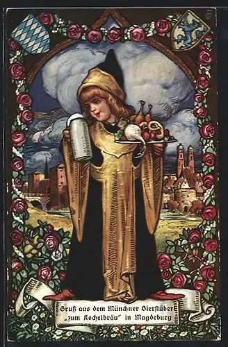 AK Münchner Kindl mit Bier und Spezialitäten