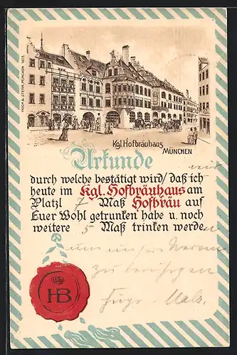 AK München, Urkunde vom Münchner Hofbräuhaus