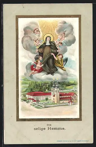 Künstler-AK Selige Hemma mit Engeln über der Kirche