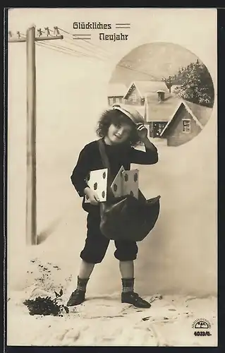 AK Kleiner Postbote mit grossen Briefen zum neuen Jahr
