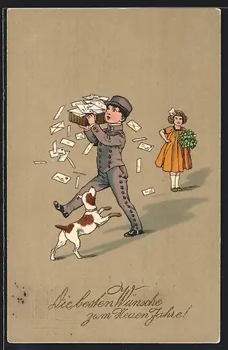 Künstler-AK Postbote trägt einen Korb voller Briefe während Hund spielen will