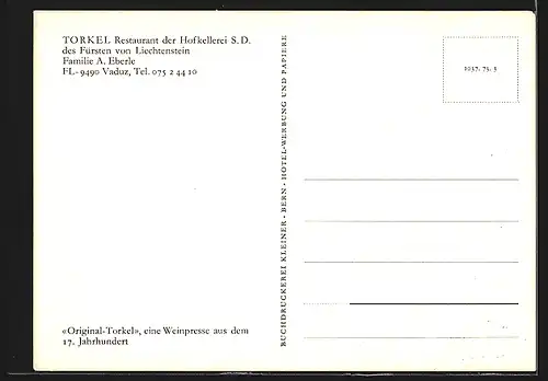 AK Vaduz, Torkel Restaurant Fam. A. Eberle, Innenansicht
