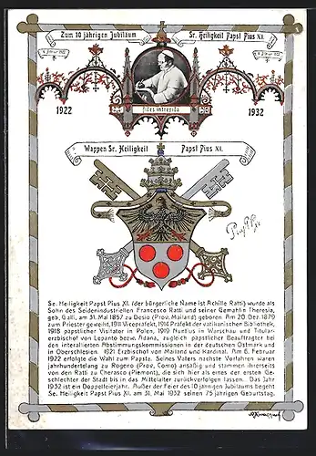 AK 10-jähriges Jubiläum Sr. Heiligkeit Papst Pius XI., 1922-1932
