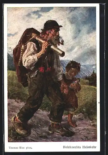 Künstler-AK Thomas Riss: Heimkehrender Holzknecht mit Tochter
