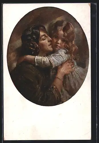 Künstler-AK Thomas Riss: Mutterliebe, Mutter küsst liebevoll ihre Tochter