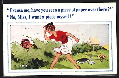 Künstler-AK Donald McGill: Malerin bei stürmischem Wetter