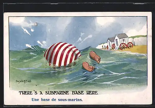 Künstler-AK Donald McGill: There`s A Submarine Base Here