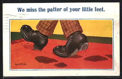 Künstler-AK Donald McGill: We miss the patter of your little feet