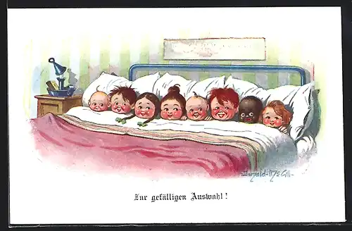 Künstler-AK Donald McGill: Acht Kinder liegen im Bett