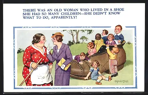 Künstler-AK Donald McGill: Kinderschar in einem Schuh