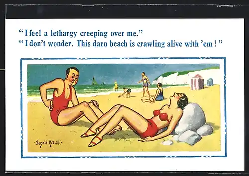 Künstler-AK Donald McGill: Geplagter Badegast mit entspannter Dame am Strand