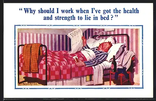 Künstler-AK Donald McGill: Fauler Mann zieht sein Bett der Arbeit vor