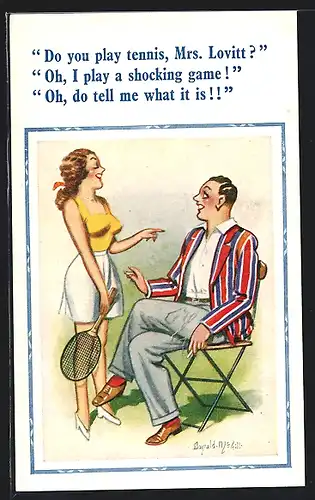 Künstler-AK Donald McGill: Flirt am Tennisplatz