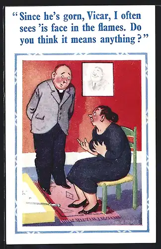 Künstler-AK Donald McGill: Verlassene Frau im Gespräch mit dem Vikar